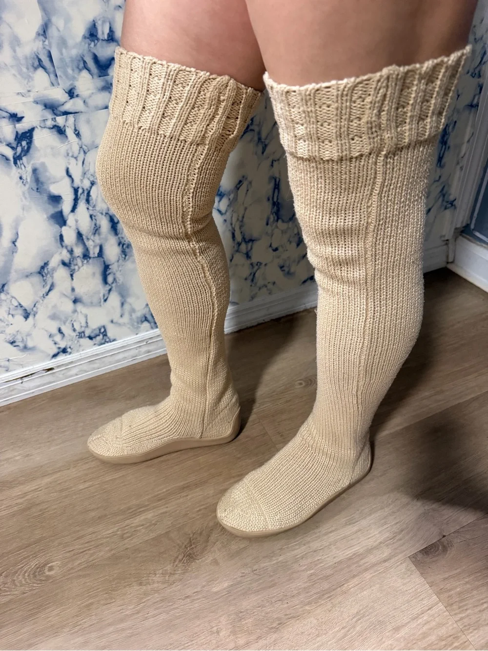 Women’s Over-the-Knee Knit Socks Boots — Cream